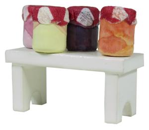 Flade Bänkchen mit Marmelade  (Flade 3419) Miniatur 'Bänkchen mit Marmeladengläsern'